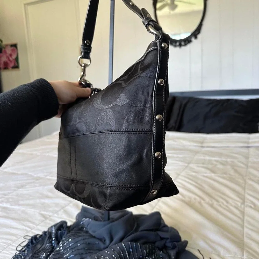 Coach black monogram canvas hobo shoulder bag blue satin interior y2k vintage
